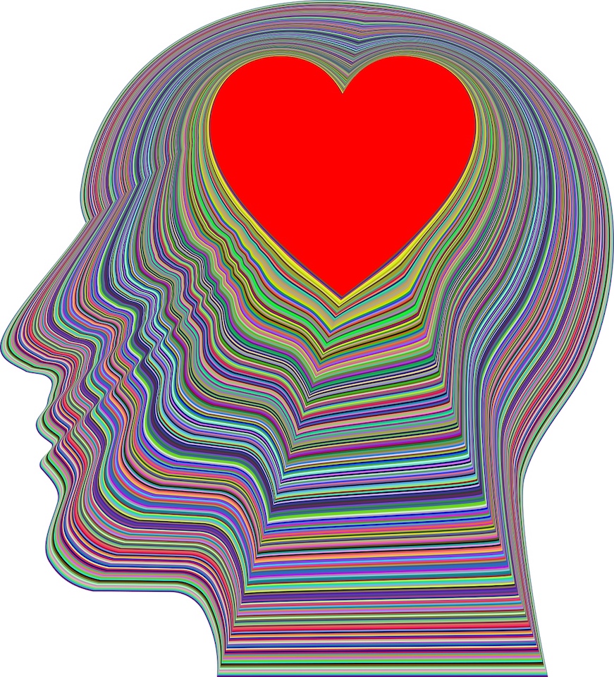 Multi-color silhouette of a profile with a big, red heart at the top.
